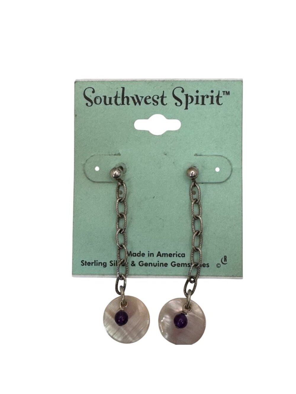 Southwest Spirit Sterling Silver Chain Drop Earrings Amethyst Beads MOP Discs